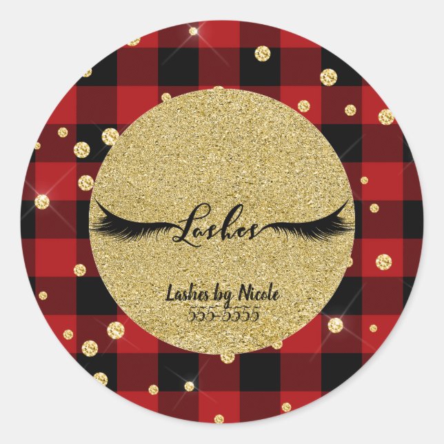 Black Eye Lashes Holiday Red Buffalo Plaid Classic Round Sticker (Front)