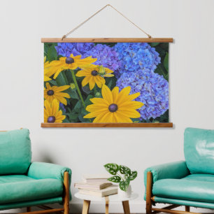 Black Eyed Susan and Blue Hydrangea Floral Hanging Tapestry