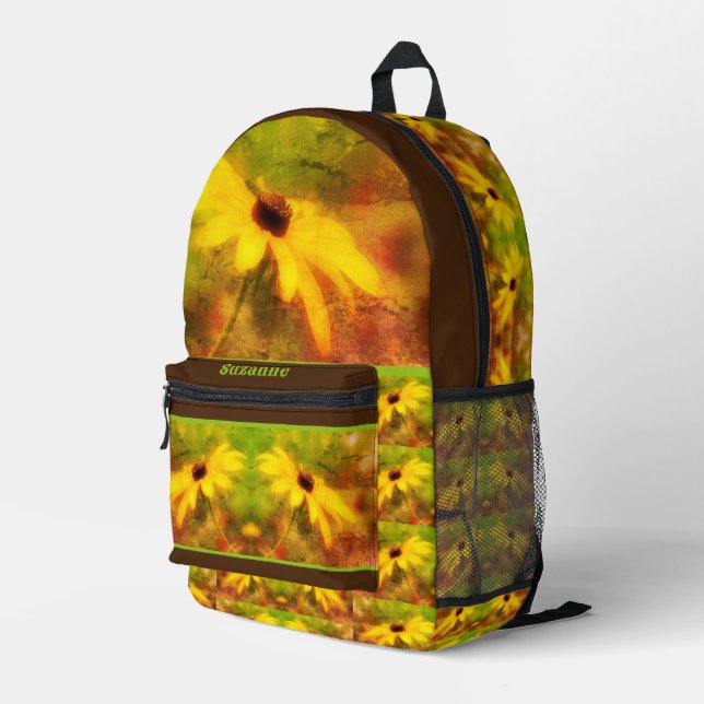 Black Eyed Susan Daisy Distressed Personalised Printed Backpack (Back Corner Right)