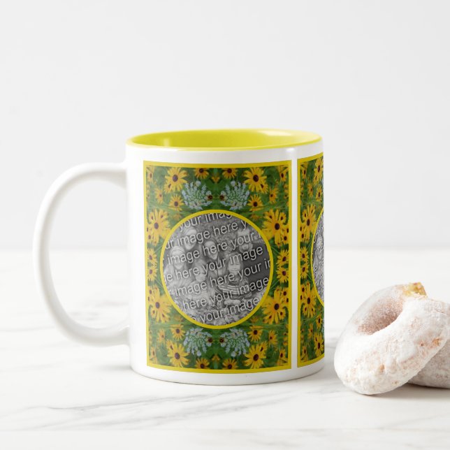 Black Eyed Susan Daisy Painting Add Your Photo Two-Tone Coffee Mug (With Donut)
