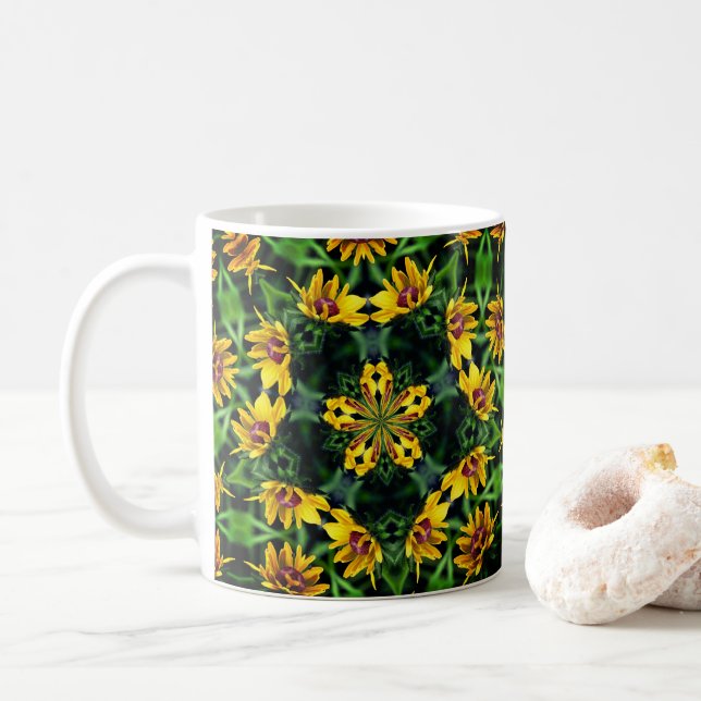 Black Eyed Susan Kaleidoscope Flower Art Coffee Mug (With Donut)
