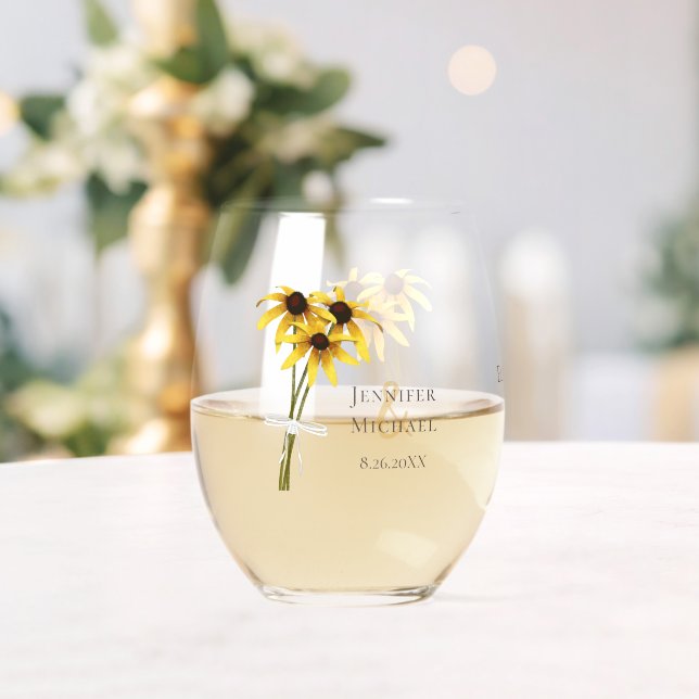 Black Eyed Susan wildflower wedding Stemless Wine Glass (Insitu (Wedding))