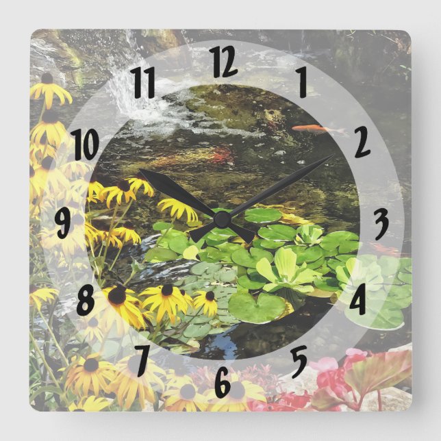 Black-Eyed Susans By Koi Pond Square Wall Clock (Front)