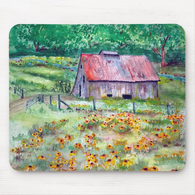 Black-Eyed Susans Wildflower Barn Watercolor Mouse Mat (Front)