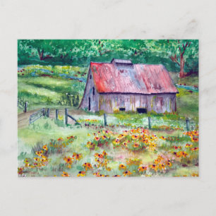Black-Eyed Susans Wildflower Barn Watercolor Postcard