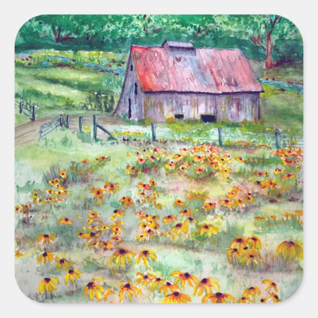 Black-Eyed Susans Wildflower Barn Watercolor Square Sticker (Front)