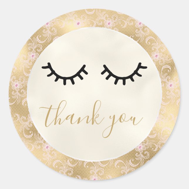 Black Eyelashes Gold Pink Lace Thank you Classic Round Sticker (Front)