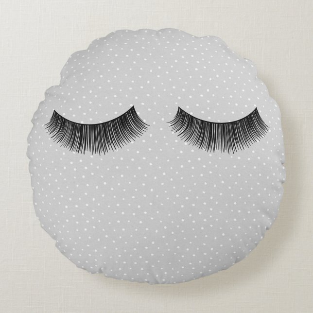 Black Eyelashes On Grey Polka Dots Round Cushion (Front)
