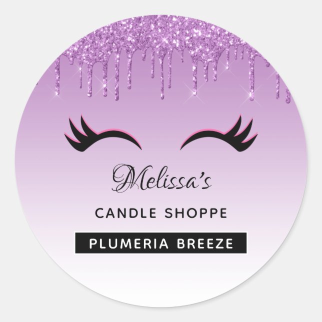Black Eyelashes & Purple Glitter Candle Scent Classic Round Sticker (Front)