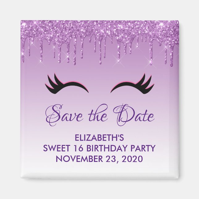 Black Eyelashes & Purple Glitter Save the Date Magnet (Front)