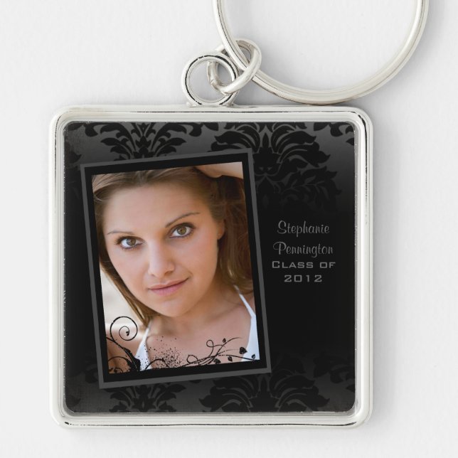 Black faded damask graduation photo keychain (Front)