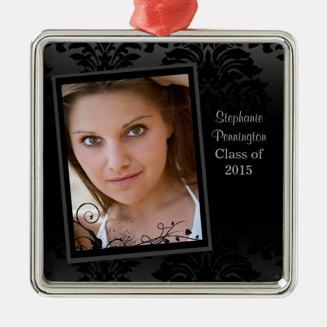 Black faded damask graduation photo ornament (Front)