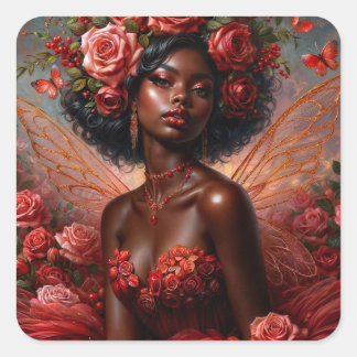 Black Fairy Art with Red Roses Square Sticker