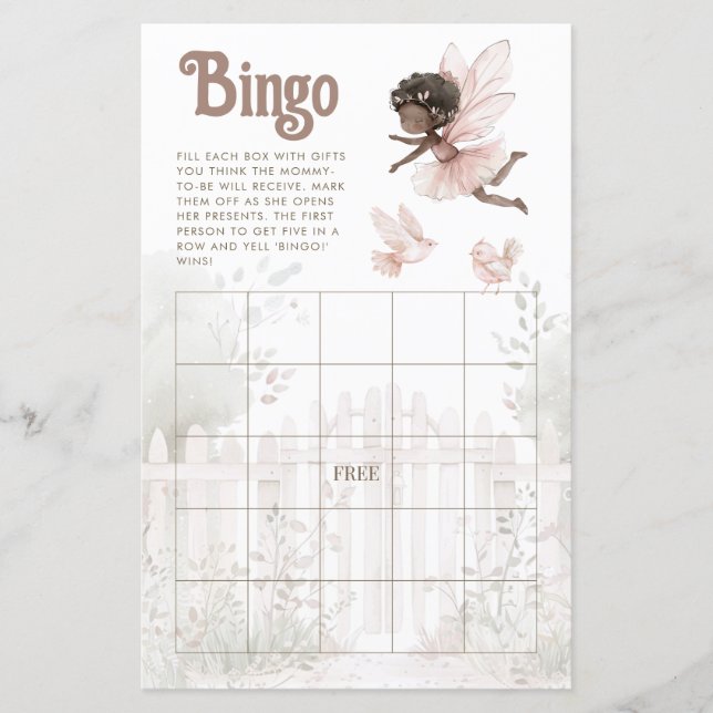 Black Fairy Girl Baby Shower Bingo Sheet (Front)