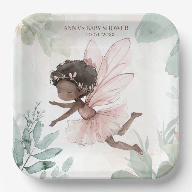 Black Fairy Girl Baby Shower Paper Plate (Front)