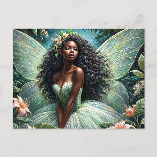 Black Fairy In Green and Peach Botanical Postcard (Front)