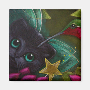 BLACK FAIRY KITTEN CAT & HUMMINGBIRD Magnet