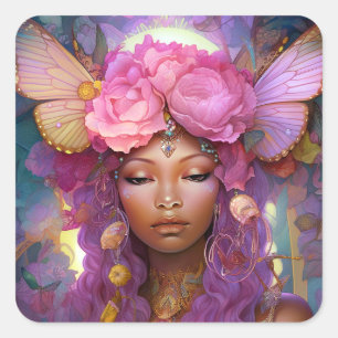 Black Fairy Queen Pink Purple Fantasy Art Square Sticker