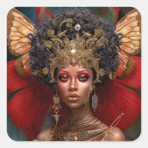 Black Fairy Queen Red Gold Fairy Fantasy Art Square Sticker