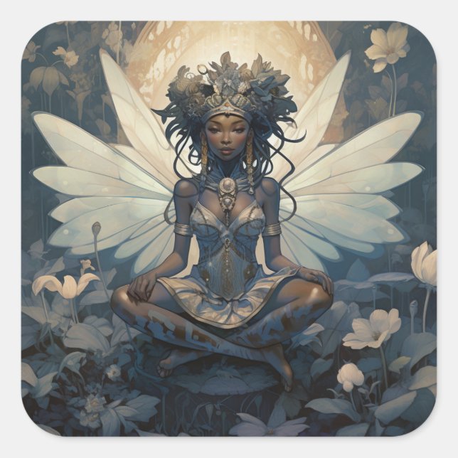 Black Fairy Sitting on a Lily Pad Square Sticker (Front)