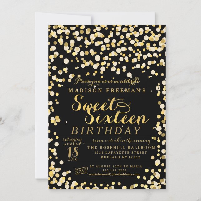 Black Fake Gold Foil Confetti Sweet 16 Party Invitation (Front)