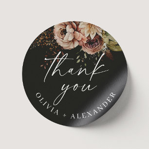 Black fall blossom boho floral wedding thank you classic round sticker