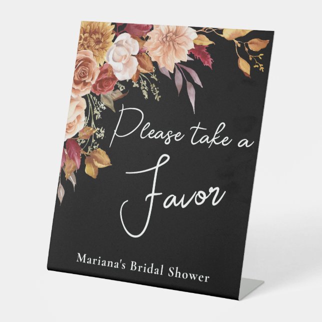 Black Fall Floral Bridal Shower Favour Pedestal Sign (Front)