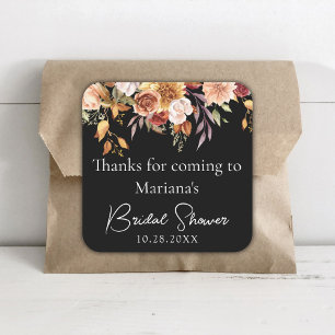 Black Fall Floral Bridal Shower Favours Square Sticker