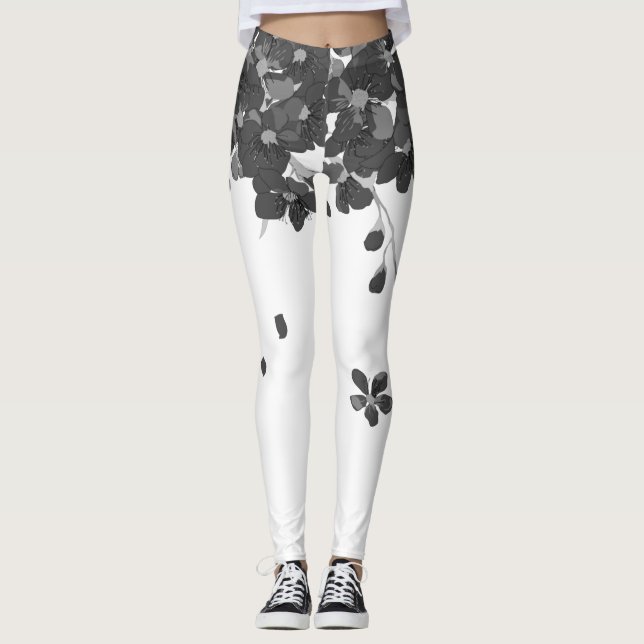 black fall floral flower sakura leggings (Front)