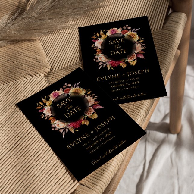 Black Fall Floral Modern Dark Boho Wedding    Save The Date (Creator Uploaded)