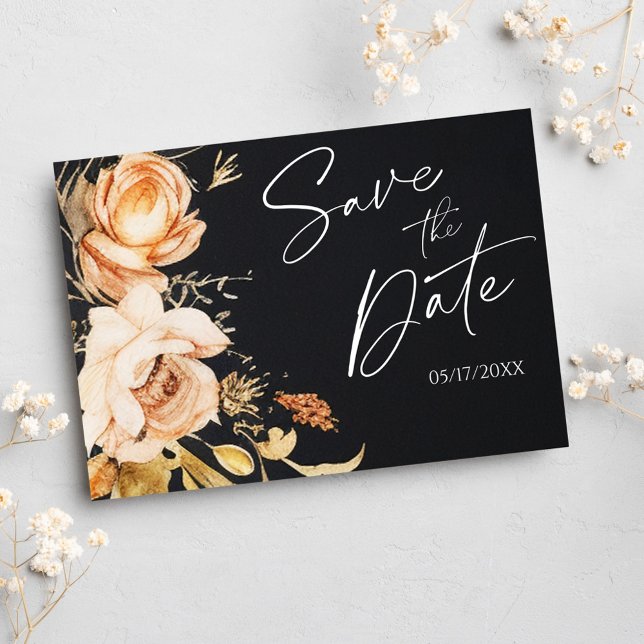 Black Fall Floral Modern Save The Date Announcement Postcard (Black Fall Floral Modern Save The Date Announcement Postcard)