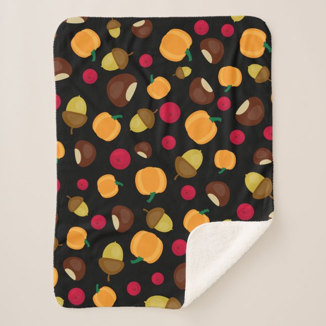 Black Fall Pumpkin Berries Chestnut Pattern Sherpa Blanket (Front)