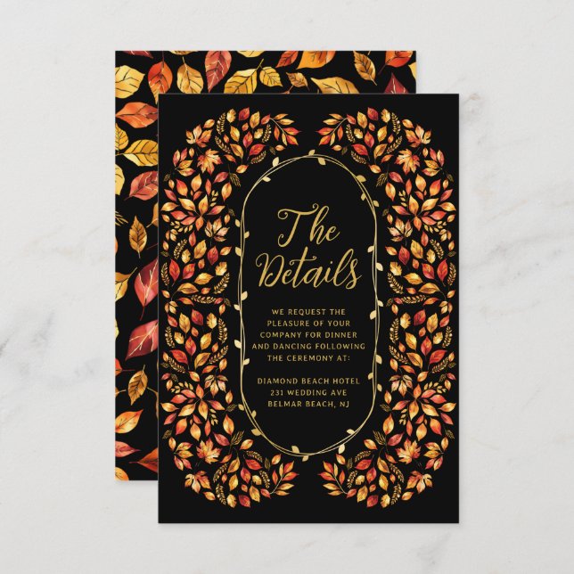 Black Fall Rustic Leaves Boho Wedding Details  Enclosure Card (Front/Back)