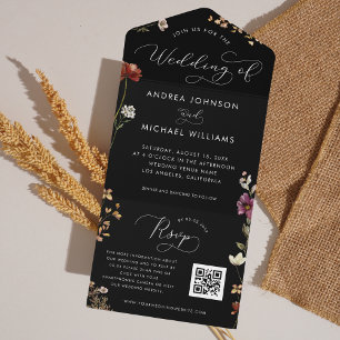 Black Fall Wildflowers QR Code Dark Autumn Wedding All In One Invitation