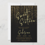 Black Falling Golden Sparkles Sweet 16 Birthday Invitation<br><div class="desc">This modern stylish sweet sixteen birthday invitation is perfect for a modern sixteen birthday party. The beautiful design features an elegant sweet sixteen calligraphy script and falling golden sparkles on a black background.</div>