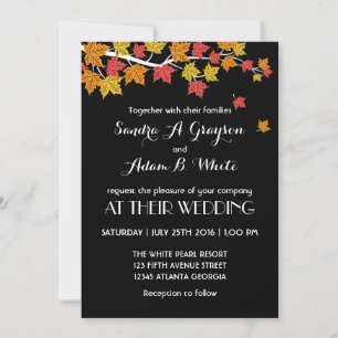 Black Falling Maple Leaves Wedding Invitation