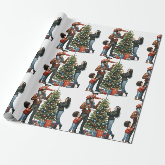 Black family around the Christmas tree Wrapping Paper (Unrolled)