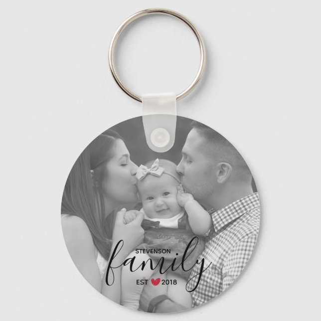 Black Family Est. Year with Red Heart Family Photo Key Ring (Front)
