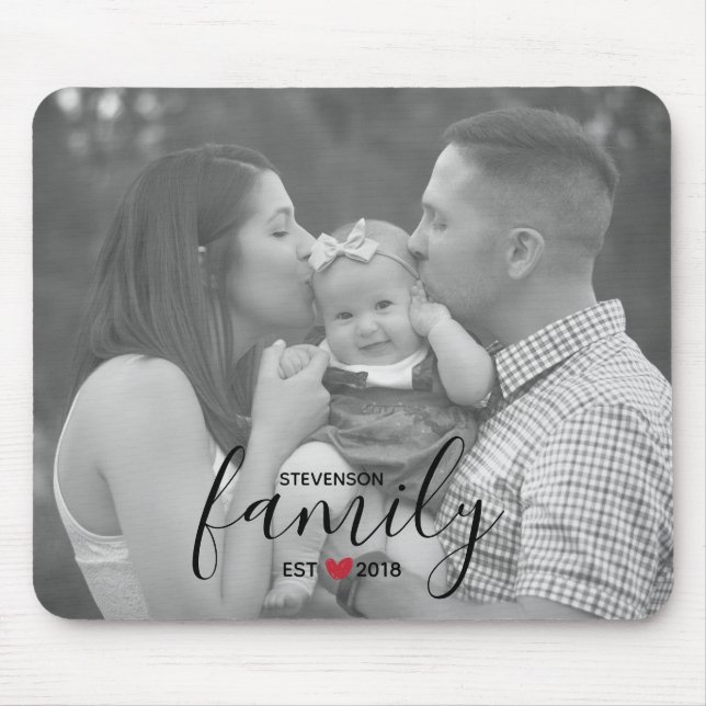 Black Family Est. Year with Red Heart Family Photo Mouse Mat (Front)