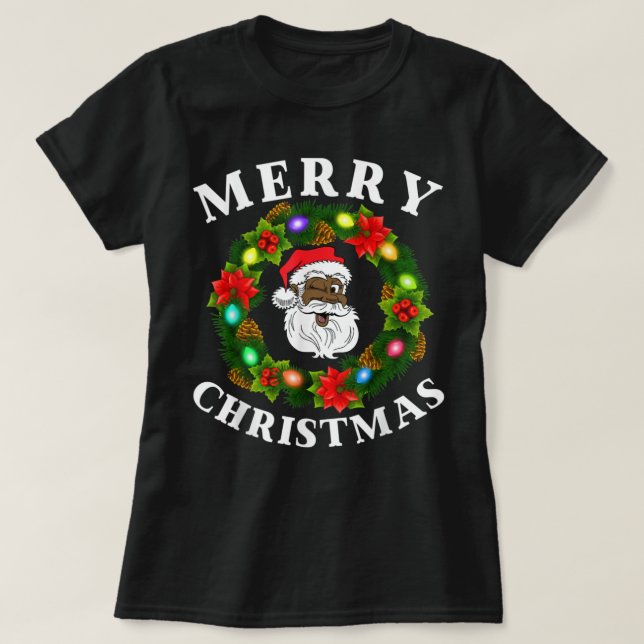 Black Family Merry Christmas Wreath African Americ T-Shirt (Design Front)