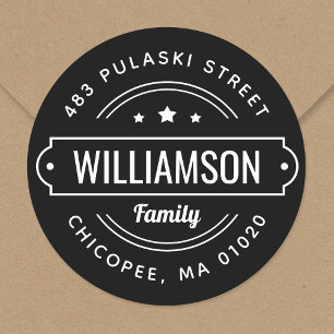Black Family Name Badge Round Return Address Label