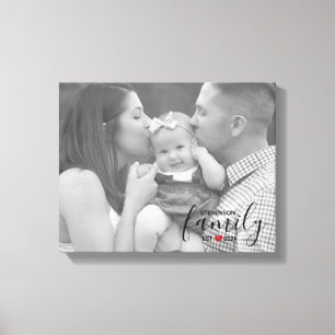 Black Family Name Est. Year Red Heart Family Photo Canvas Print