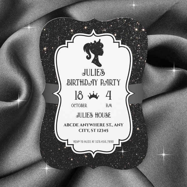 Black Fancy glitter sparkle doll birthday  Invitation (Creator Uploaded)