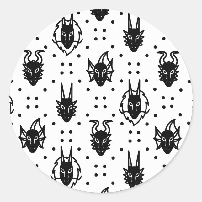 Black Fantasy Dragon Argyle Pattern Classic Round Sticker (Front)