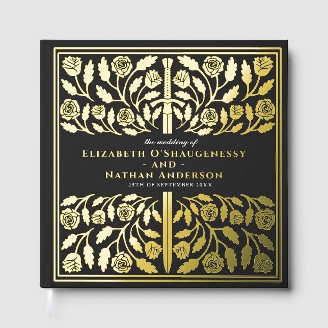 Black Fantasy Royal Mediaeval Sword Wedding Guest Book (Front)