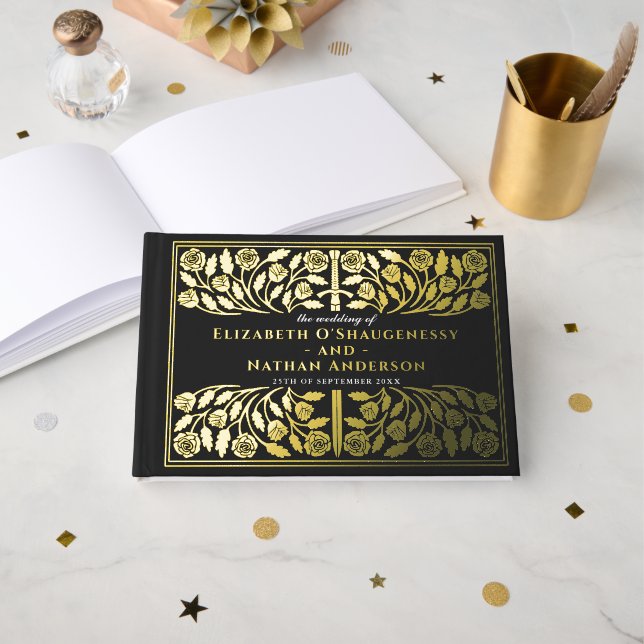 Black Fantasy Royal Mediaeval Sword Wedding Guest Book (Front Open)