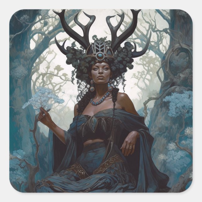 Black Fantasy Sorceress Magic Fantasy Square Sticker (Front)