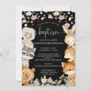 Black Farm Bear Fox Rabbit Racoon Baptism Invitation