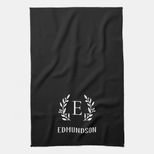 Black Farmhouse Branch Monogram   Editable Colours Tea Towel