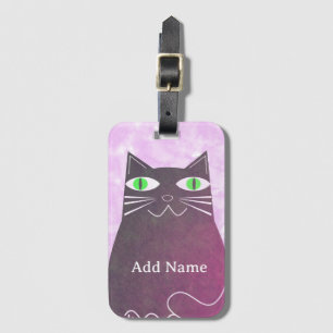 Black Fat Cat Pink Watercolor Custom Name Luggage Tag